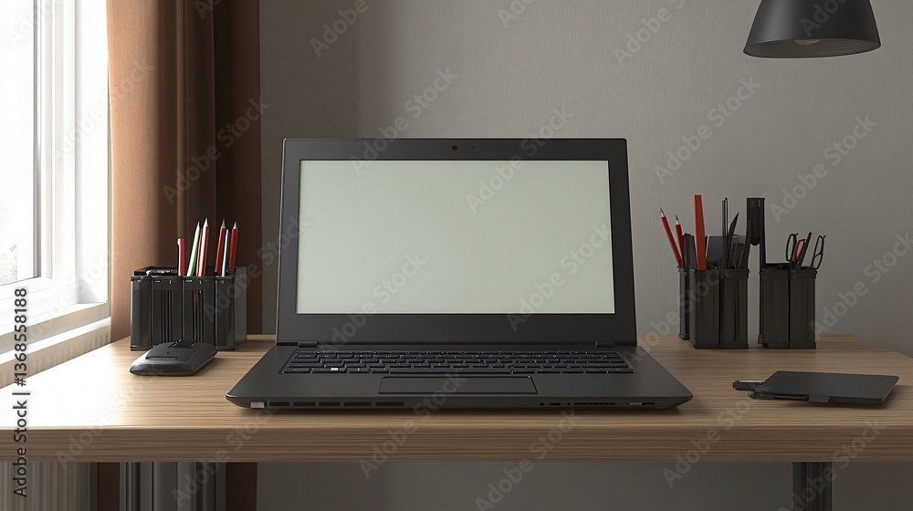 Fototapeta premium Modern Home Office Workspace with Laptop, Notebook, and Essential Accessories