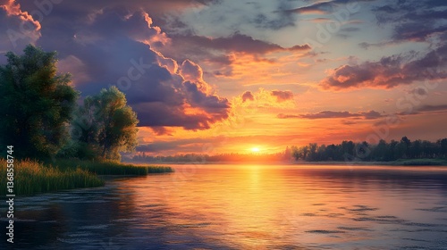 Tranquil Summer Sunset Scene Over River in 16:9 Aspect Ratio
