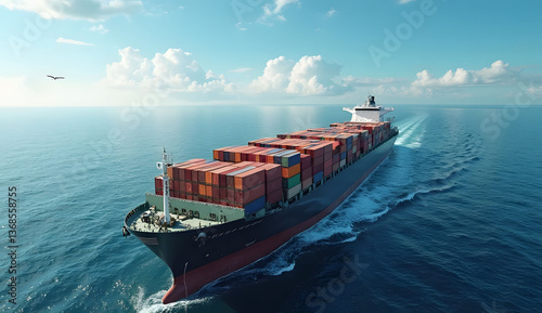 A large container ship fully loaded with colorful cargo containers sailing on calm waters under a clear blue sky