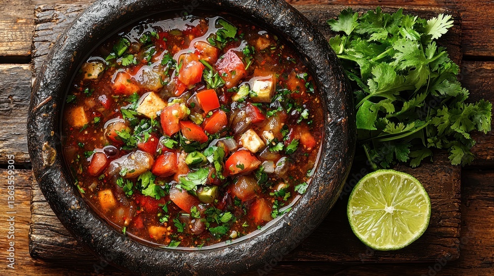 Vibrant, chunky soup in a rustic bowl Vibrant, chunky soup in a rustic bowl