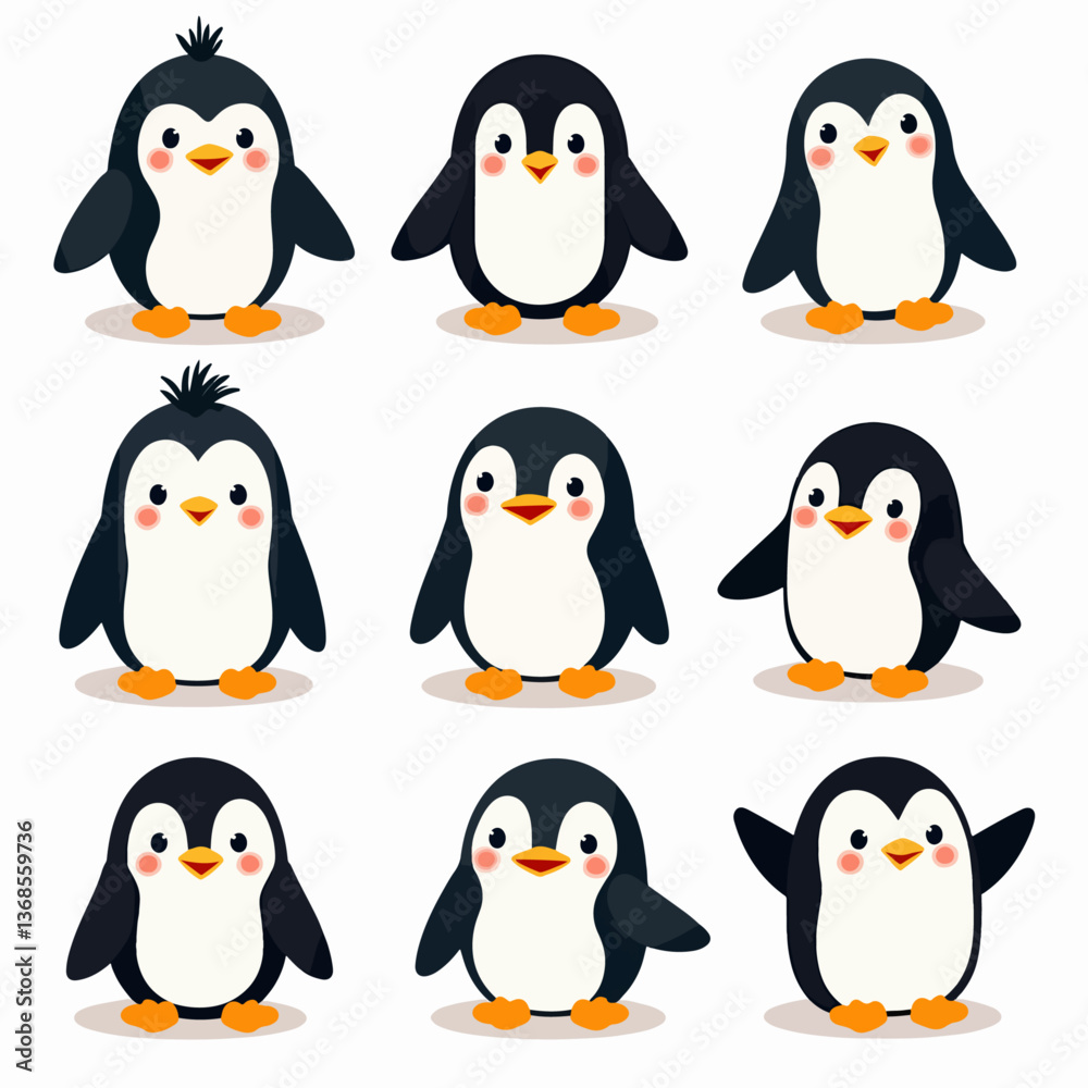 Naklejka premium Cute penguins set. Adorable arctic antarctic birds in playful poses, waddling, walking, standing with wings. Polar animals, mammal characters, fauna from Antarctica. Isolated flat vector illustrations