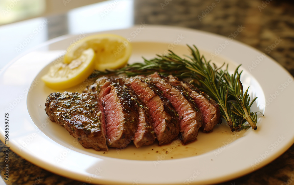 Sliced Medium Rare Steak with Rosemary and Lemon on a White Plate Sliced Medium Rare Steak with Rosemary and Lemon on a White Plate