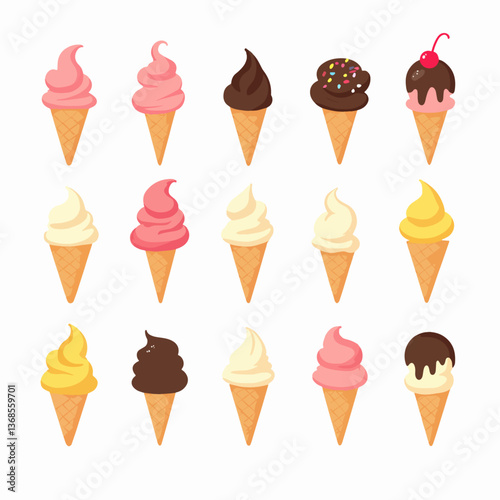A delightful vector illustration set of various ice cream cones with toppings in a playful cartoon style.