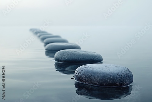 Floating stones hover above a calm sea, creating a surreal dance of balance and gravity in a misty landscape