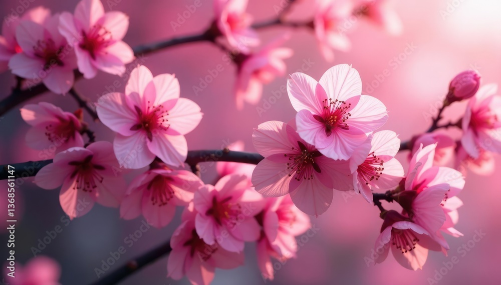 Naklejka premium Dense, overlapping sakura, vibrant pink hues, full bloom, vibrant, cherry
