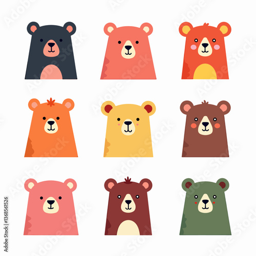 Cute Bear Emoji Set - Flat Style, 9 Emotions