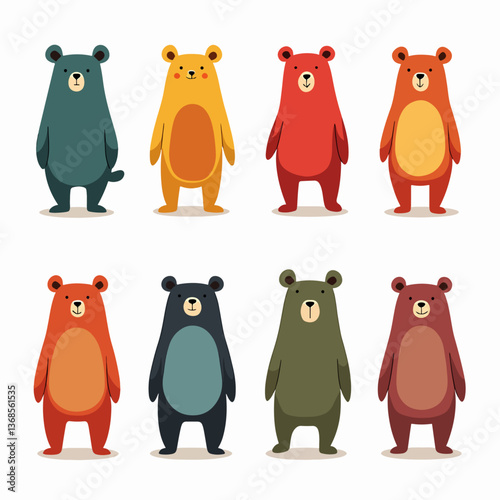 Nine vectors of a kawaii cute bears sitting, with white shadows in illustrations, black border, white background, different colors