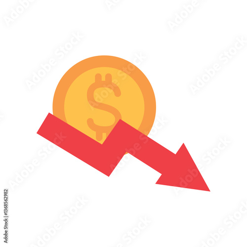 Vector illustration of a gold coin with a dollar symbol and a red downward-pointing arrow, symbolizing financial decline