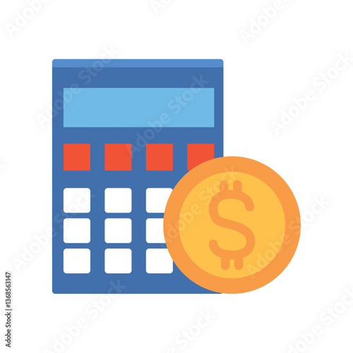 Vector illustration of a blue calculator and a gold dollar coin, symbolizing financial calculations, budgeting, expense tracking