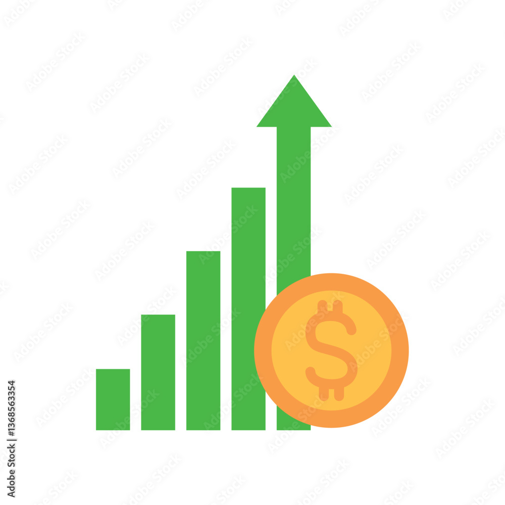 Vector illustration of a green bar graph with an upward arrow and a gold dollar coin, symbolizing financial growth Vector illustration of a green bar graph with an upward arrow and a gold dollar coin, symbolizing financial growth