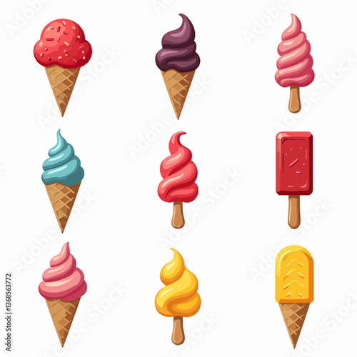 A delightful vector illustration set of various ice cream cones with toppings in a playful cartoon style.