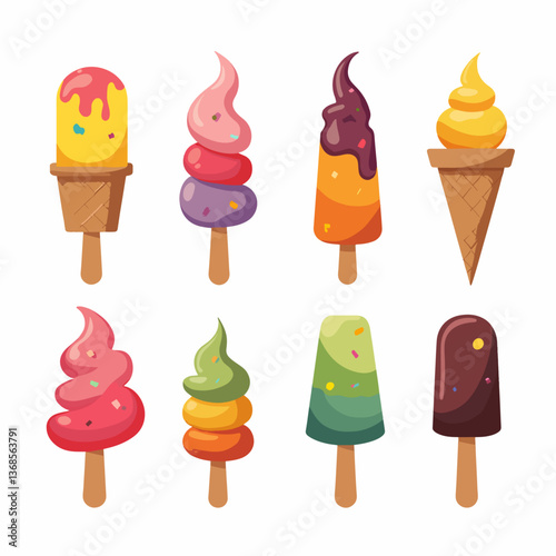A delightful vector illustration set of various ice cream cones with toppings in a playful cartoon style.