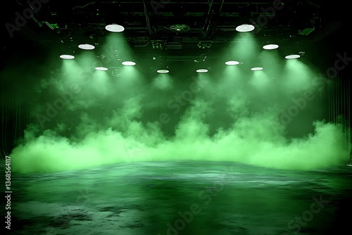 Green smoky stage with spotlights.