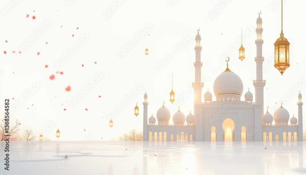Obraz premium Mosque Silhouette with Lanterns and Floral Motif