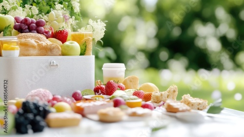 Assorted fresh pastries, fruits, and drinks arranged on a picnic table outdoors