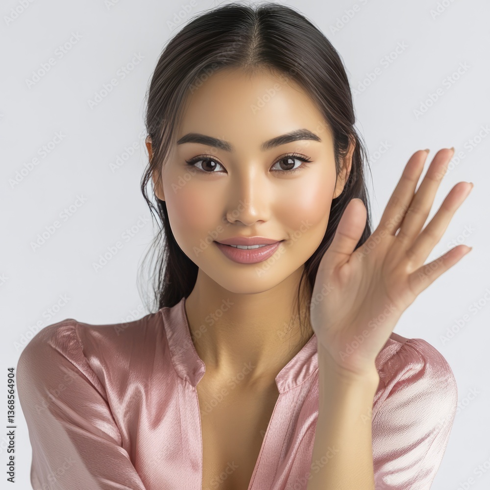 woman with a soft smile and hand raised in woman with a soft smile and hand raised in