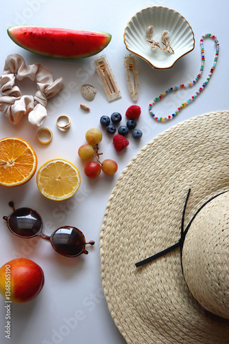 Obraz na płótnie Straw hat, sunglasses, seasonal fruit, seashells and colorful accessories on white backgrounds. Cute summer essentials. Flat lay. w salonie