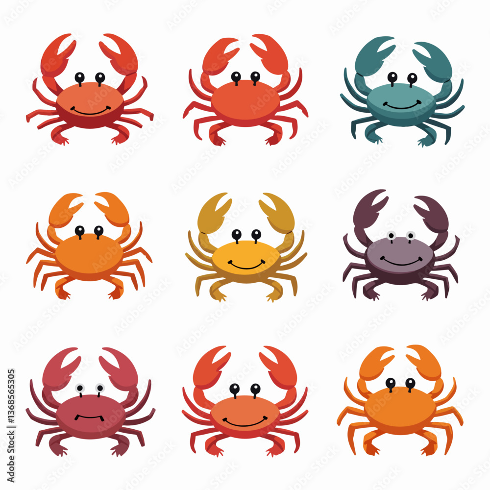Cute crab cartoon vector, Crab color set vector