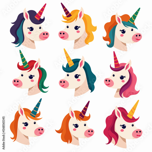 A set of pink unicorn emoticons, rainbow mane and holding magic wands and cupcakes in various poses with cute expressions, Set of cartoon animals unicorn face