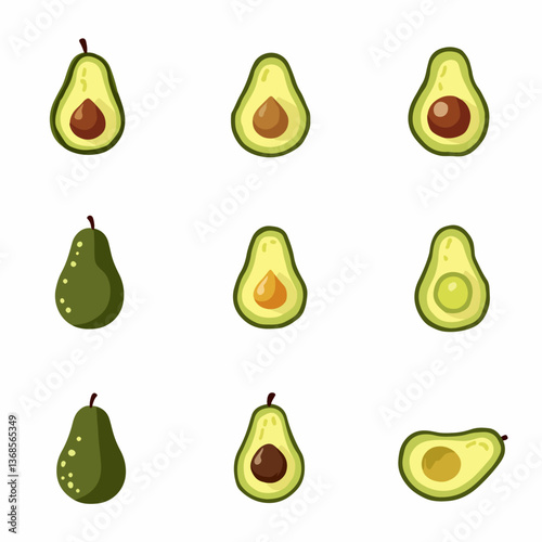 Set avocado vector, Set of fresh whole and half avocado isolated on white background. Organic food. Cartoon style. Vector illustration for design.