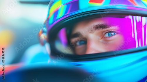 A racing driver gazes intently from behind a vibrant helmet in anticipation of the upcoming race