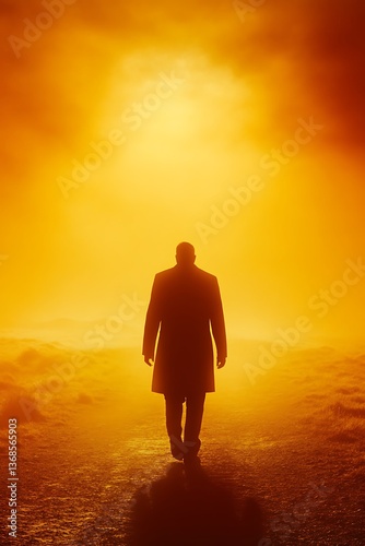 Solitary figure walks towards a hazy, orange sun.