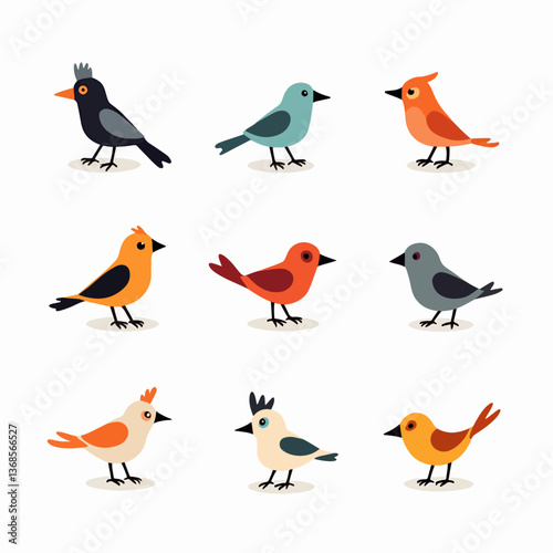 Set of flying and sitting cute birds. Colorful beautiful birds. Cute flying creatures. Vector illustration