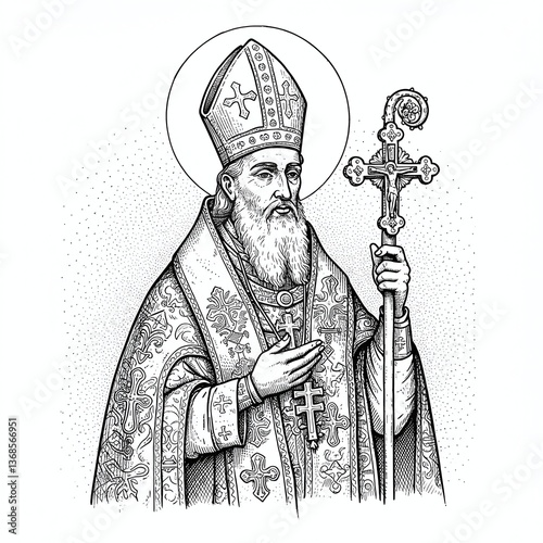 Saint Portrait: A regal figure of saint, with a halo, wearing traditional religious attire, holding a crosier, radiating a sense of solemnity, spirituality, and devotion. photo