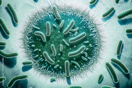 A highly magnified image shows rod-shaped bacteria multiplying and spreading from a central colony on a translucent surface.