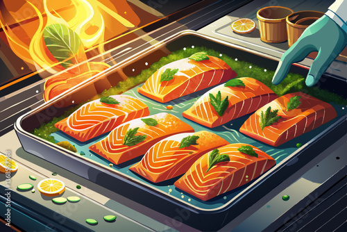 vector of Succulent salmon fillets seasoned with fresh herbs baking in oven, hand visible adjusting tray, golden glow from heat, culinary perfection in ...