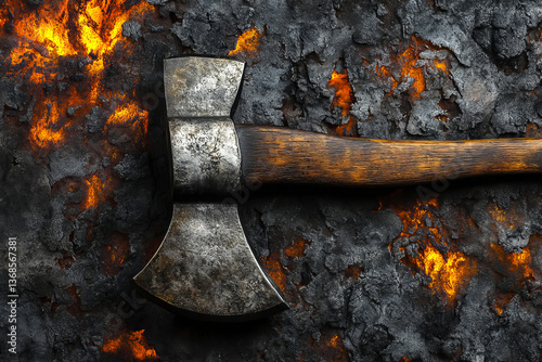 A heavy steel axe with a wooden handle lies across scorched, burning terrain, evoking themes of strength and destruction.