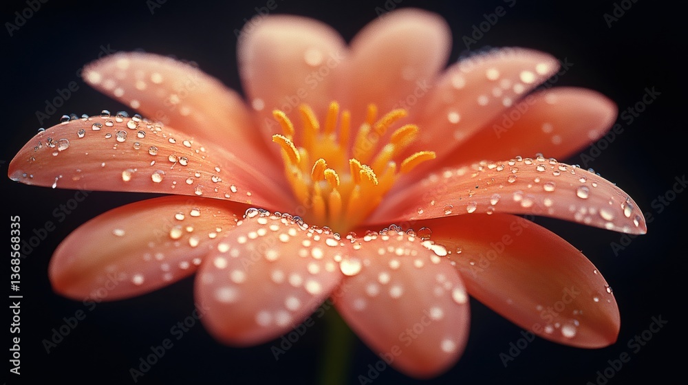 Peach colored flower petals covered in water droplets on black background Peach colored flower petals covered in water droplets on black background