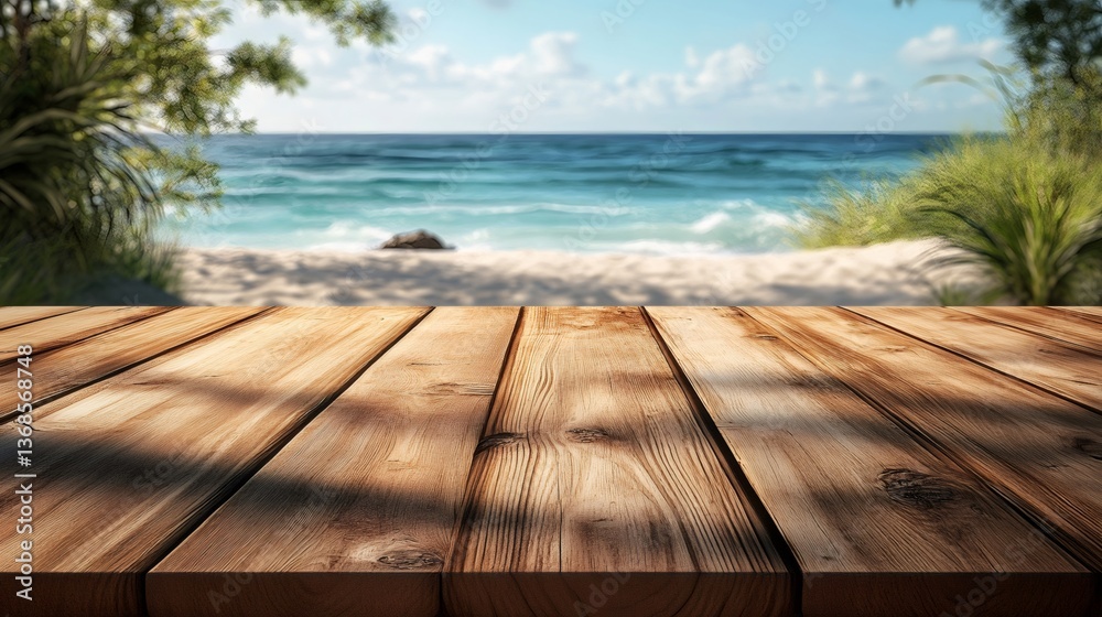 Fototapeta premium Empty wooden table overlooking beautiful tropical beach paradise