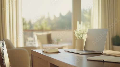 Wallpaper Mural Bright and cozy home office setup with laptop, notebook, and fresh flowers in a sunny room Torontodigital.ca