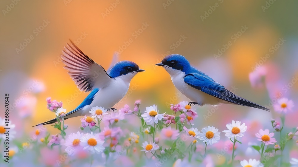 Obraz premium Two tree swallows meeting over a field of flowers at sunset