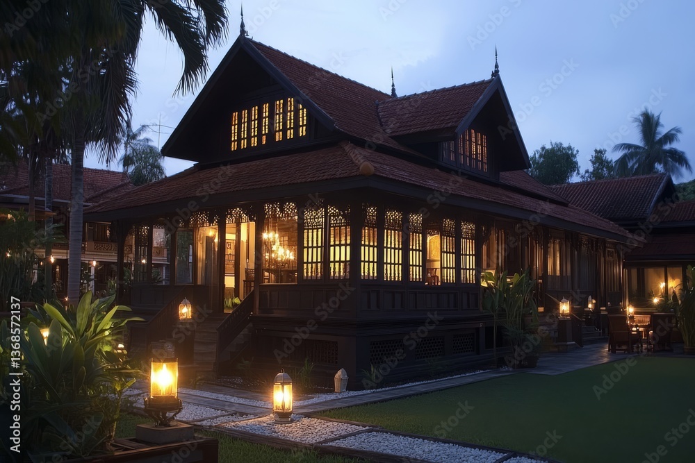 Traditional Wooden House at Dusk with Lanterns and Lush Garden Traditional Wooden House at Dusk with Lanterns and Lush Garden