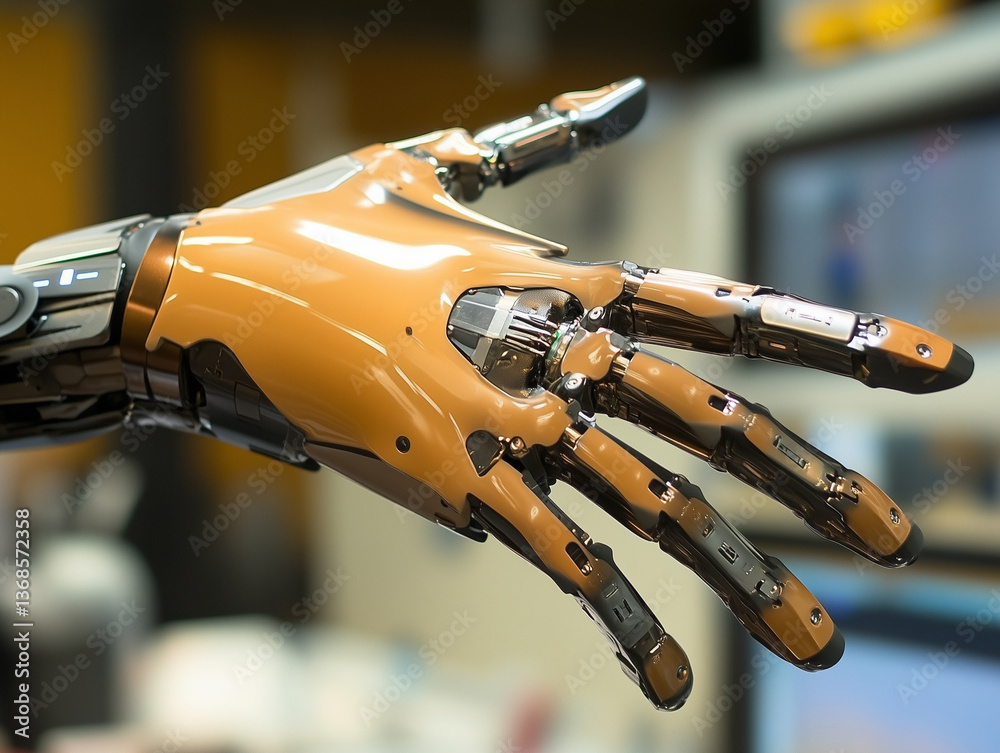 Futuristic robotic hand showcasing advanced technology in a modern innovation lab setting Futuristic robotic hand showcasing advanced technology in a modern innovation lab setting