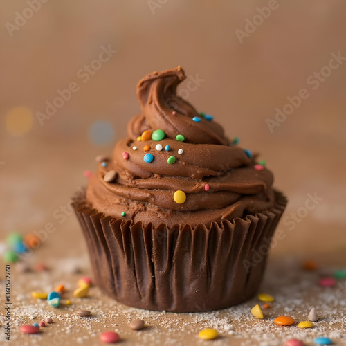 chocolate cupcake with icing and sprinkles