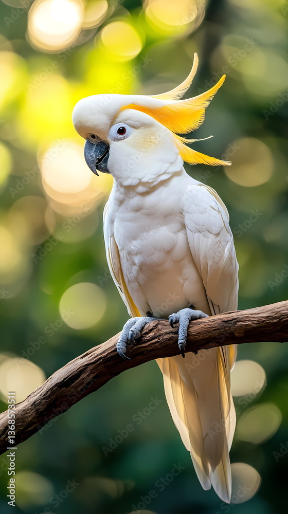 Sulphur crested cockatoo perching on branch in lush green forest Sulphur crested cockatoo perching on branch in lush green forest