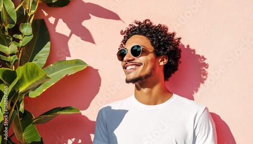 Man in sunglasses by pink wall with plants. Lifestyle portrait