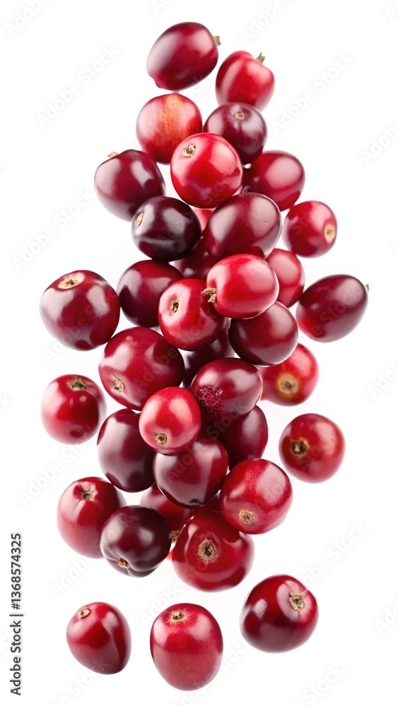 A vibrant cascade of fresh cranberries falling against a bright white background A vibrant cascade of fresh cranberries falling against a bright white background