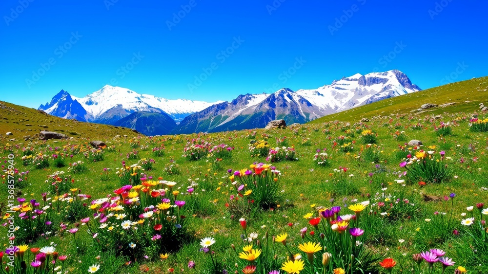 Fototapeta premium Colorful wildflowers blooming in a vibrant mountain landscape 