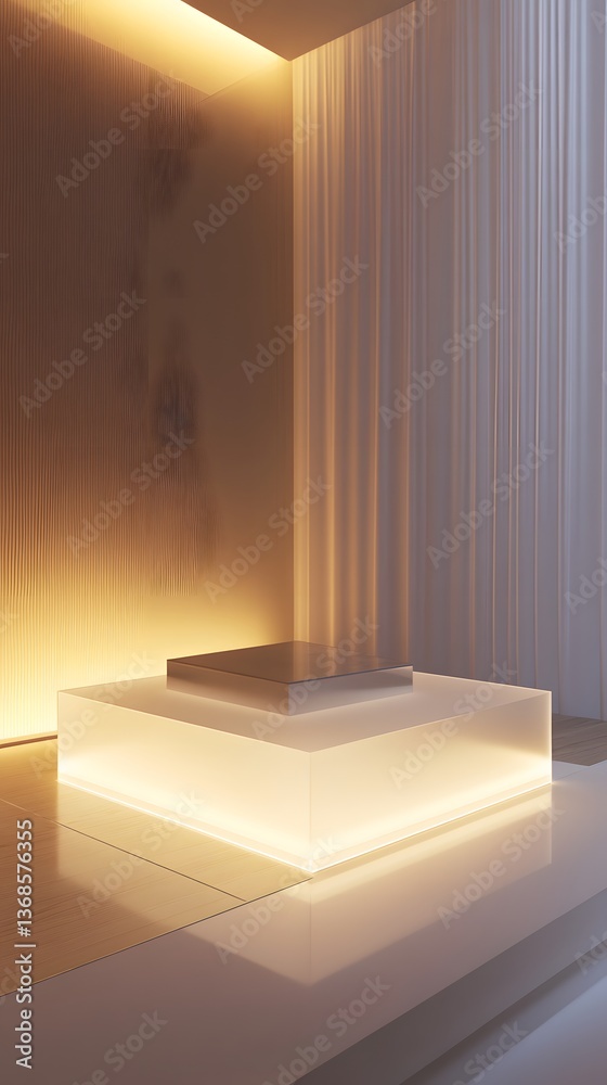 Obraz premium A transparent podium with a frosted surface and subtle LED lighting, softly illuminated from beneath to highlight a modern product.