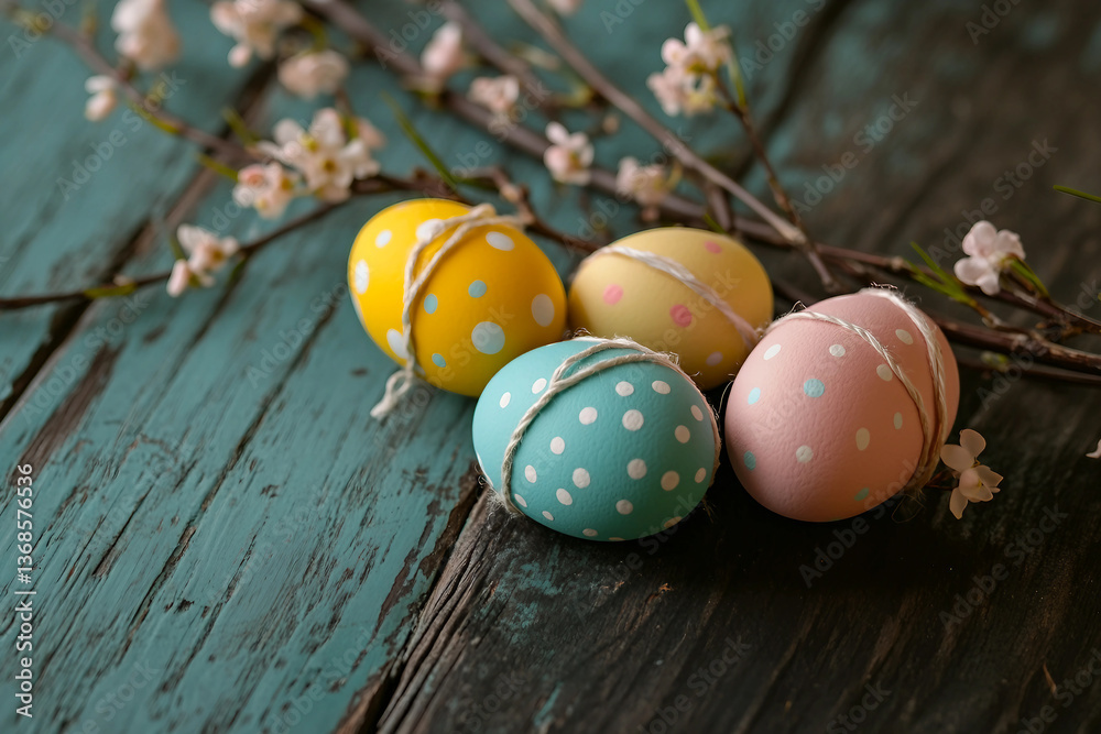 Obraz premium Easter Decorations with Blooming Willow Branches and Painted Eggs in Rustic Interior, Festive Paschal Arrangement, Generative AI