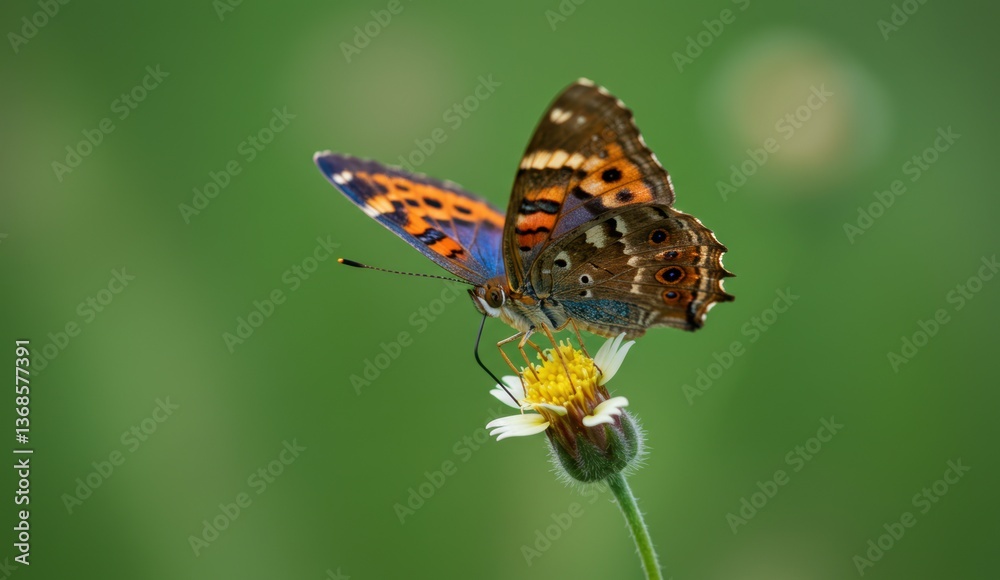 Orange butterfly perched on flower in macro photography. Highlights nature, biodiversity, and pollination. Orange butterfly perched on flower in macro photography. Highlights nature, biodiversity, and pollination.