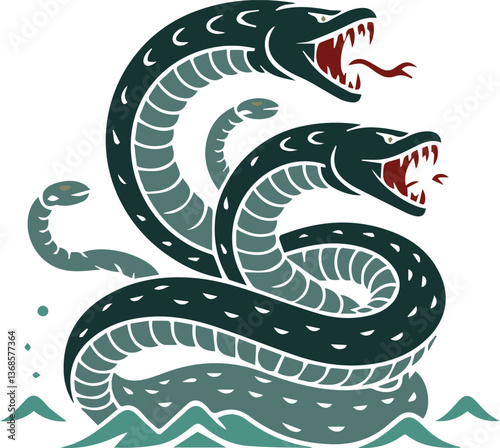 Legendary Leviathan Monster with Three Snake-Like Heads in Vector Illustration