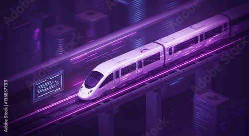 Modern Train Moving Fast Through City at Night with Glowing Lights