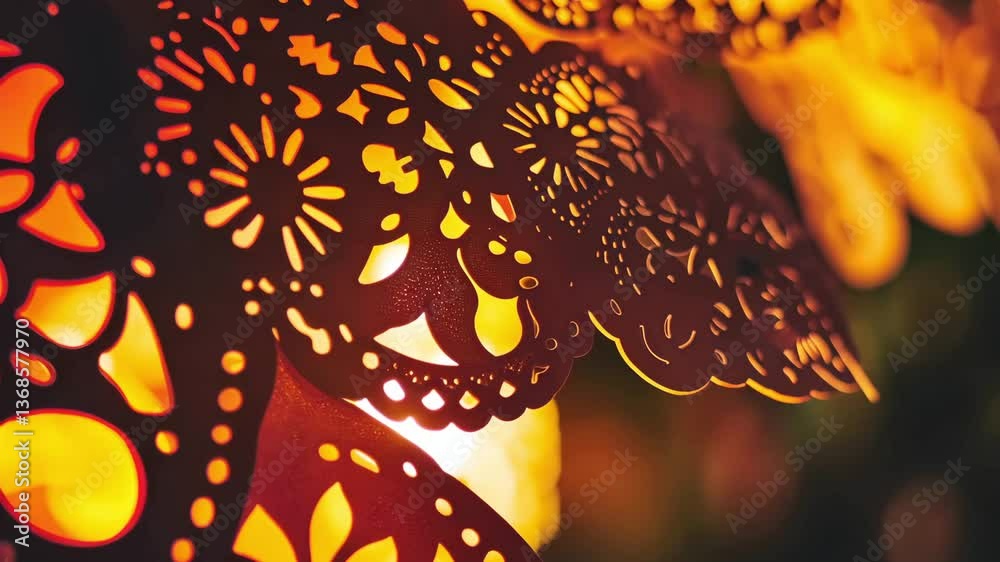 Delicate papel picado sways gently as warm light shines through, creating an enchanting ambiance during a lively outdoor celebration at dusk. Guests enjoy the festive atmosphere