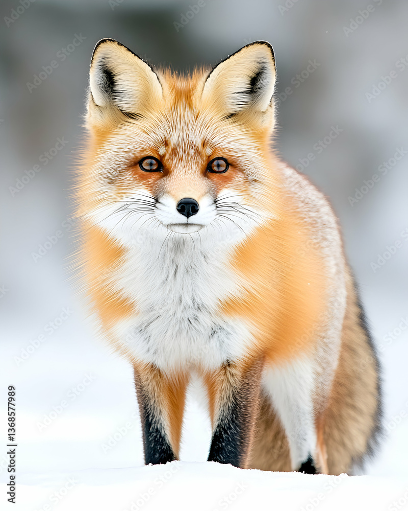 Fototapeta premium Red fox standing in snowy landscape, gazing directly at camera