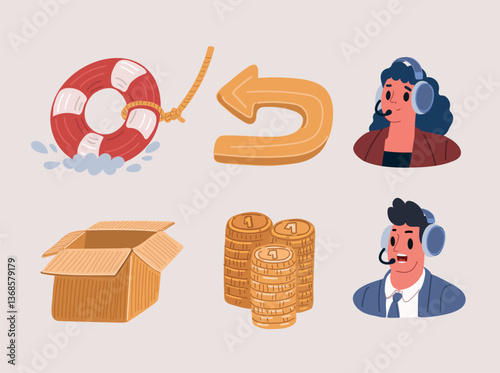 Vector illustration of a collection of icons: guarantee seal, reverse arrow (return), open cardboard box (delivery), stack of money, operators with headsets, managers, man and woman, business symbols